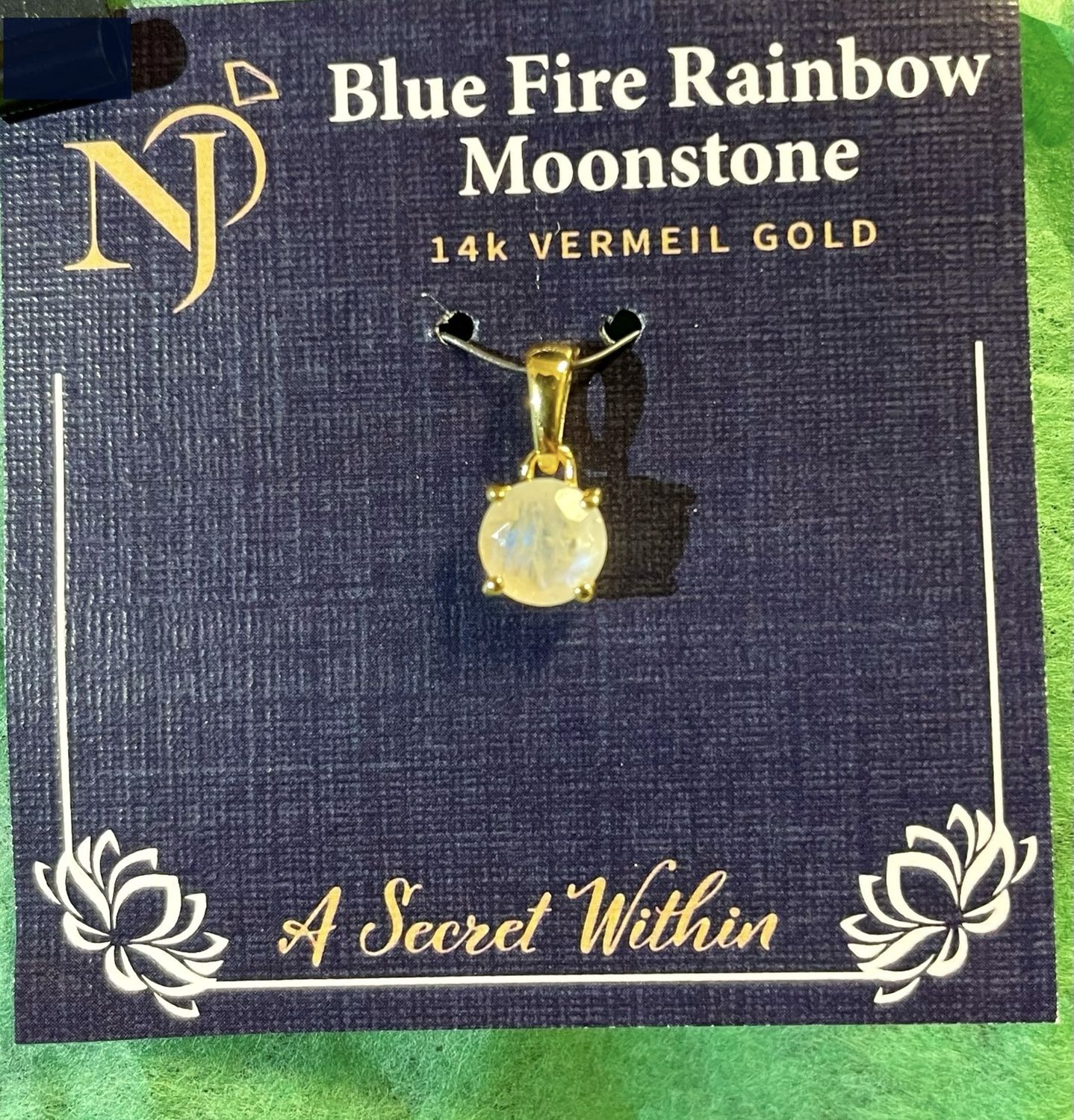 Blue Fire Rainbow Moonstone Faceted Round Vermeil Gold Pendant
