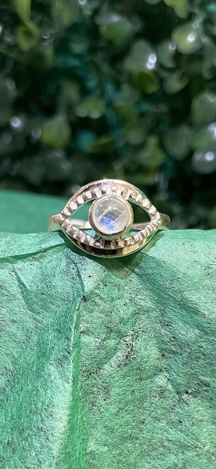 Rainbow Moonstone Evil Eye Ring Sz 8