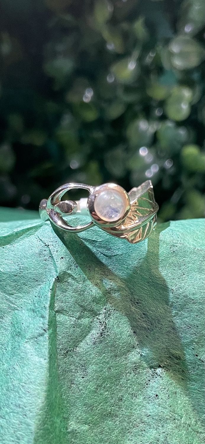 Goddess Rainbow Moonstone Feather Ring Sz 8