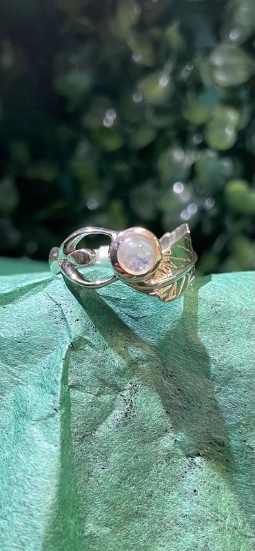 Goddess Rainbow Moonstone Feather Ring Sz 8
