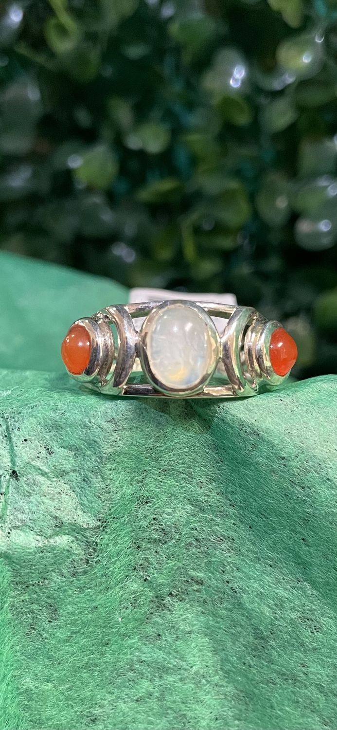 Triple Moon Carnelian  Rainbow Moonstone Ring