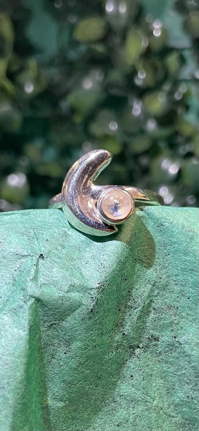 Rainbow Moonstone with Crescent Moon Ring Sz 8