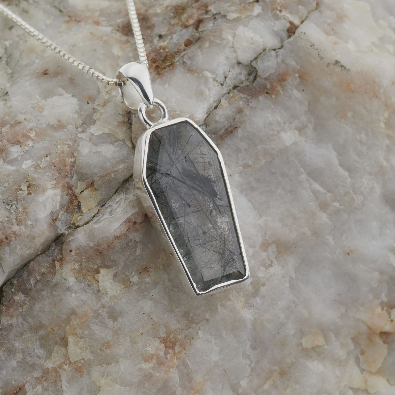 Tourmalinated Quartz Coffin Sterling Pendant