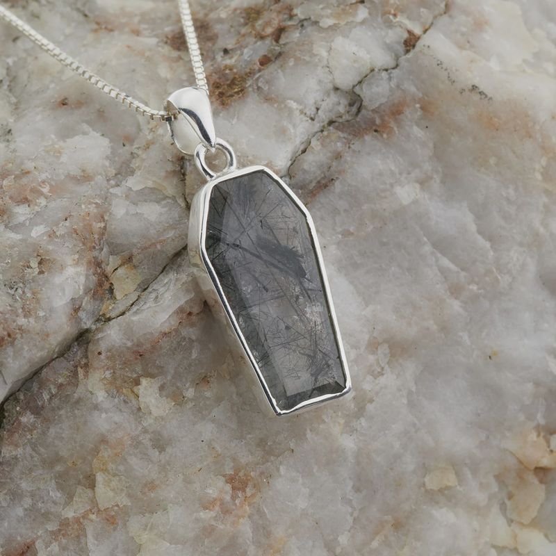 Tourmalinated Quartz Coffin Sterling Pendant