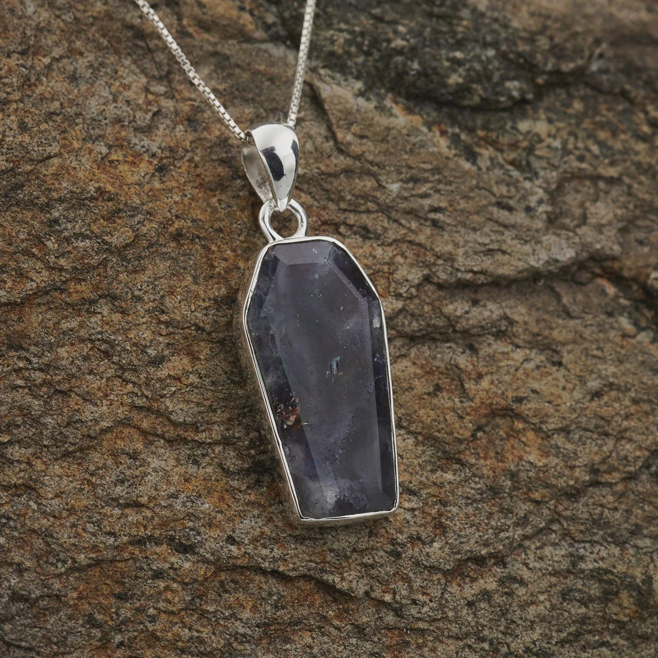Iolite Sunstone Coffin Sterling Pendant