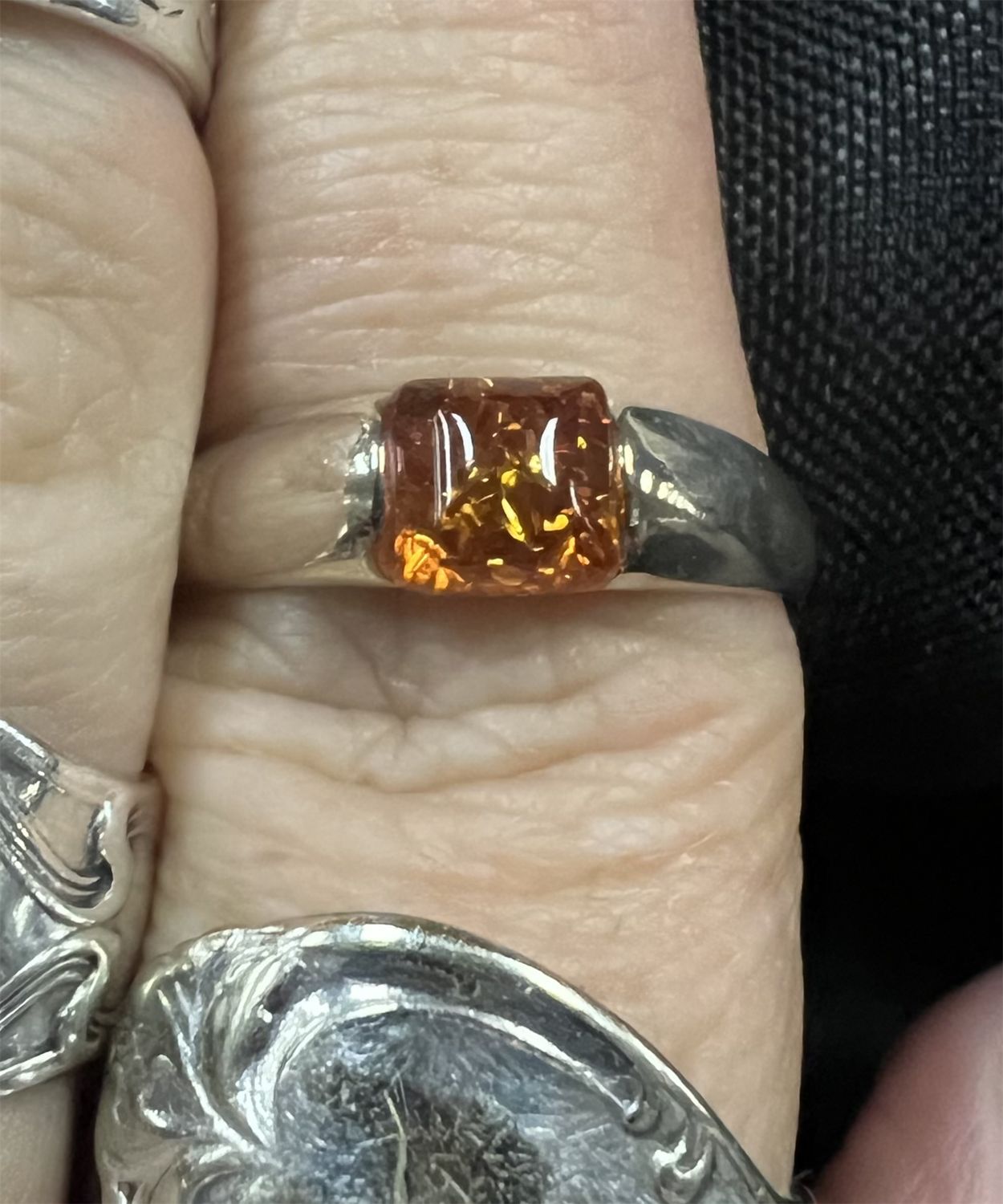 Amber Square Sterling Ring Sz 5