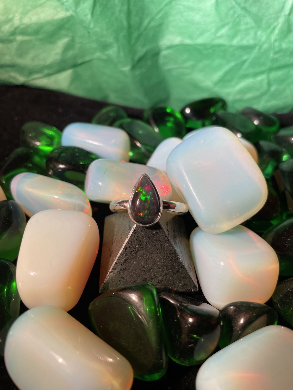 Black Opal Teardrop Sterling Ring Sz 11