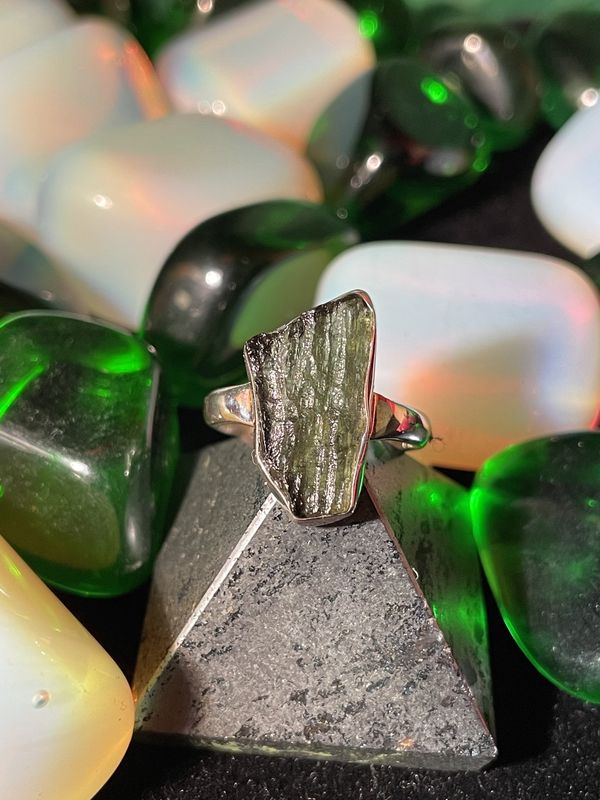 Moldavite Rough Sterling Ring Sz 4