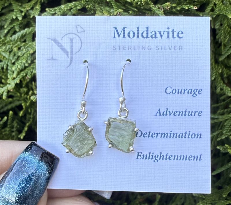Moldavite Square Raw Sterling Earrings