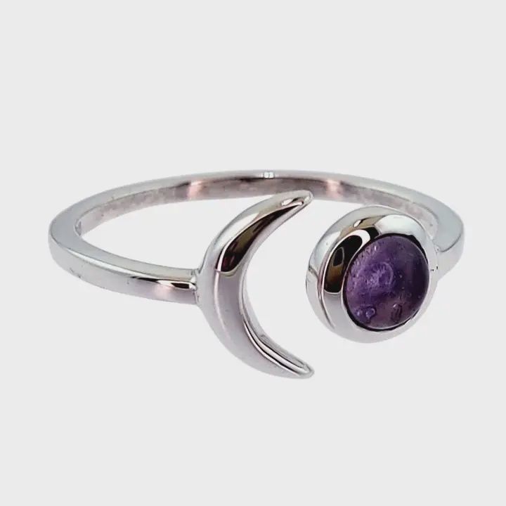 Crescent Moon Amethyst and Sterling Ring Sz 7