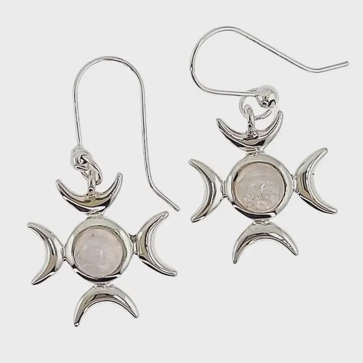 Triple Goddess Rainbow Moonstone Sterling Earrings