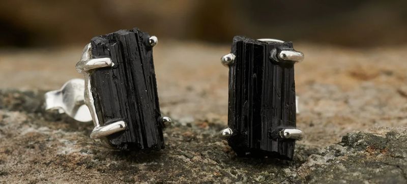 Black Tourmaline Raw Sterling Stud Earrings