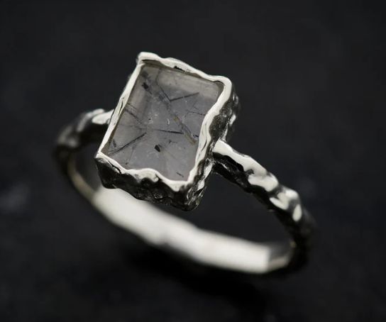 Black Rutilated Quartz Flat Square Ring