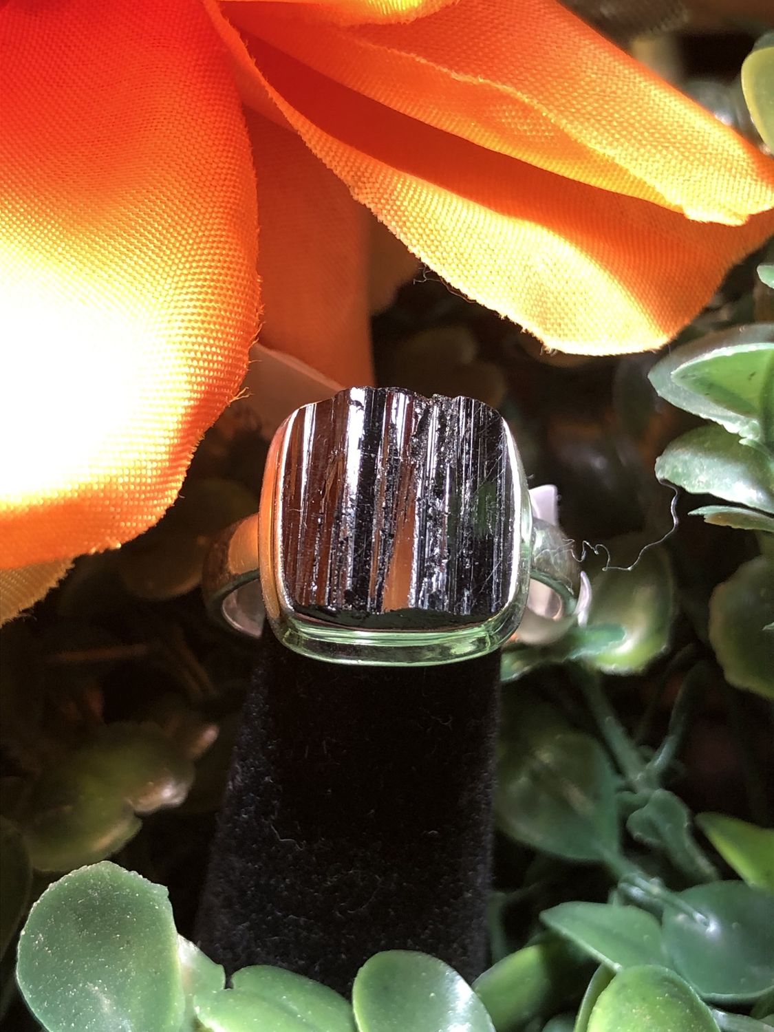 Black Tourmaline Rough Square Ring