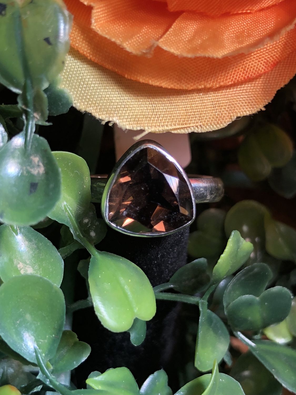 Smoky Quartz Faceted Triangle Ring sz 9