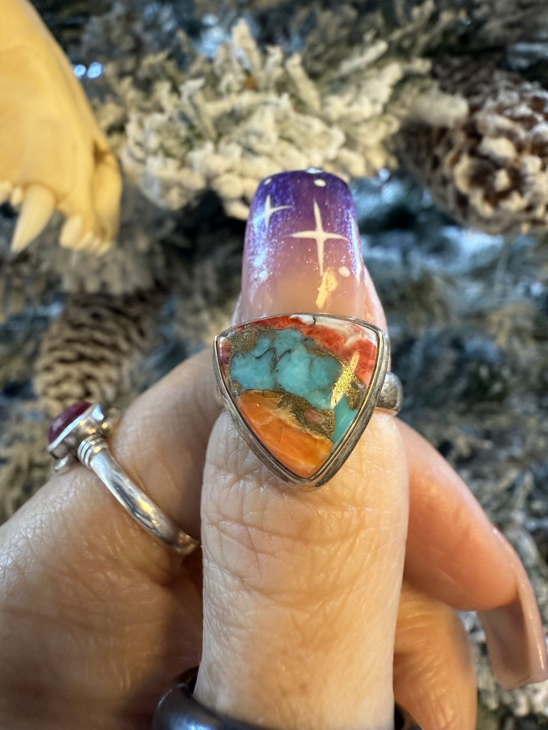 Spiny Oyster Turquoise Triangle Ring Sz 7