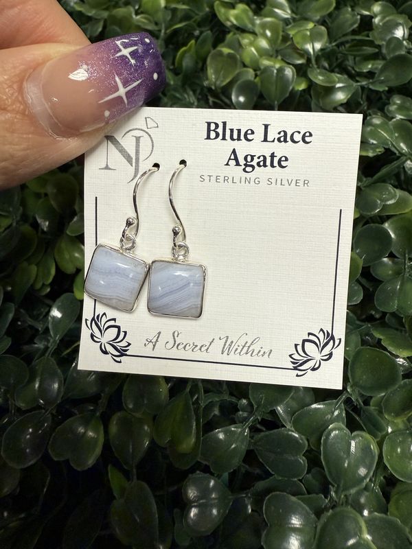 Blue Lace Agate Square Dangle Earrings