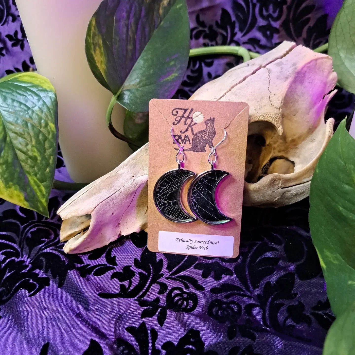 Real Spiderweb Crescent Moon Earrings