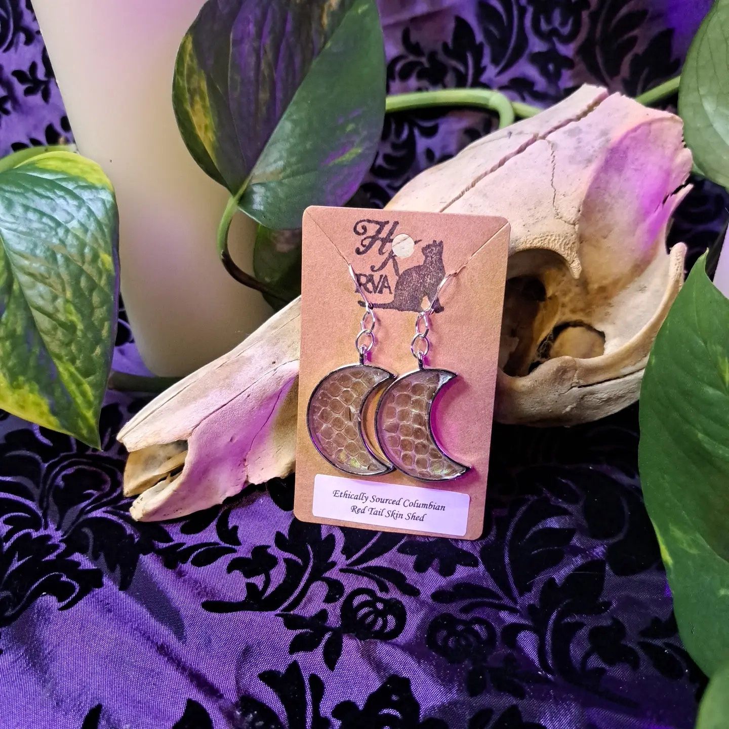 Real Snakeskin Crescent Moon Earrings