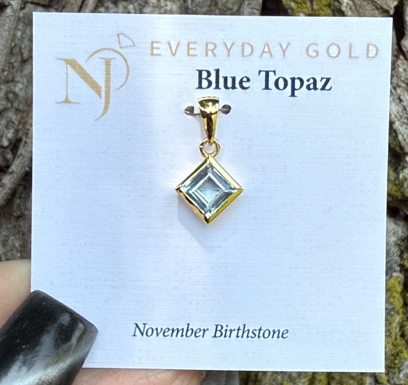 Blue Topaz Square Faceted Gold Pendant