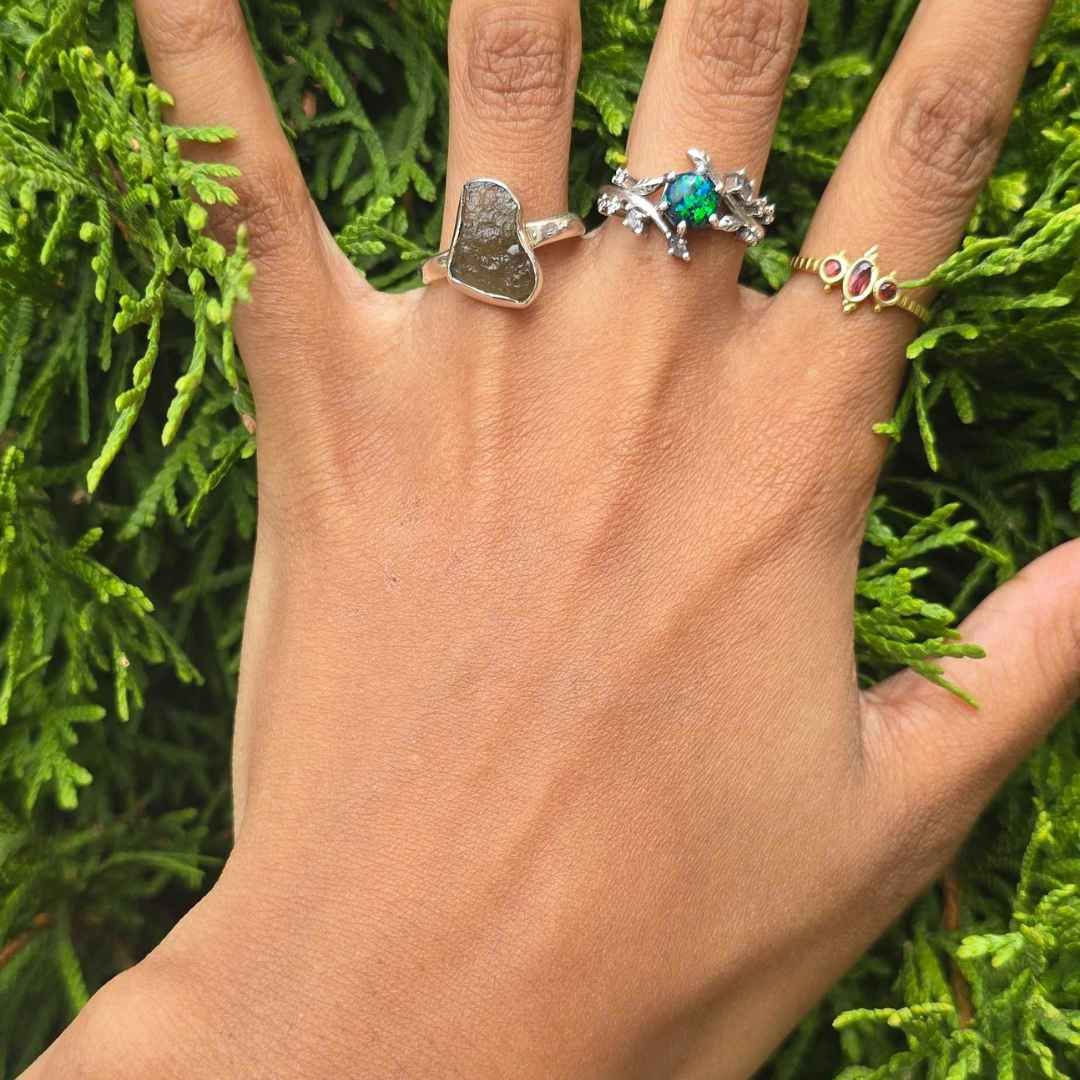 Moldavite Rough Sterling Ring Sz 7