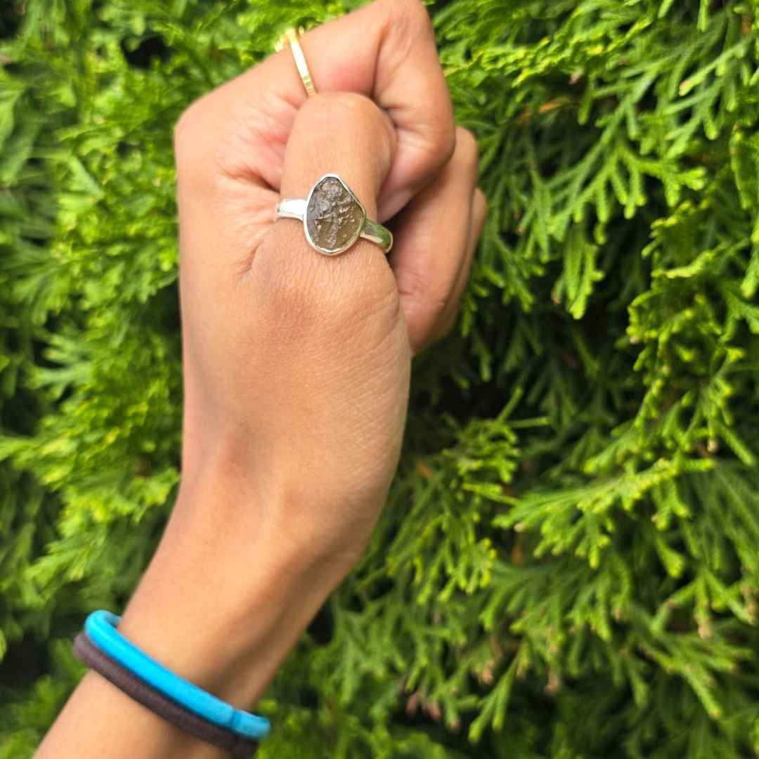 Moldavite Rough Sterling Ring Sz 9