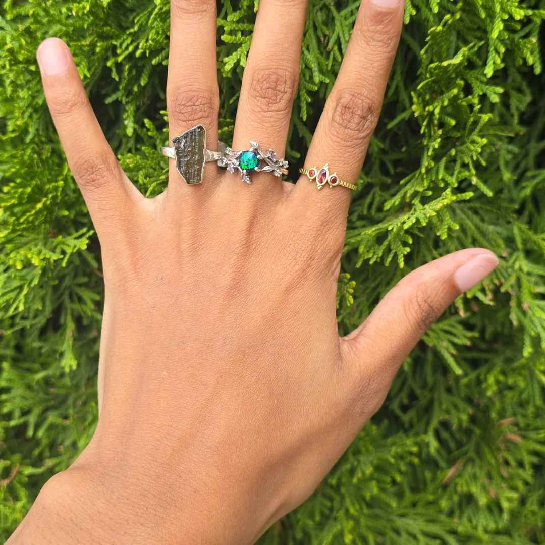 Moldavite Rough Sterling Ring Sz 8