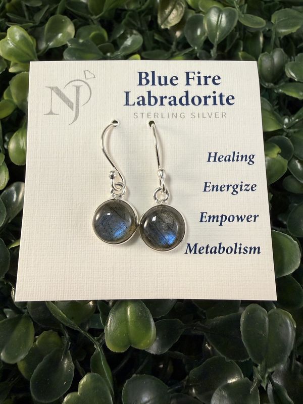 Blue Fire Labradorite Round Dangle Earrings