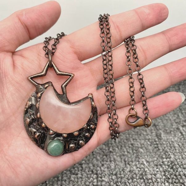 Powder Crystal Star Moon Charm Necklace