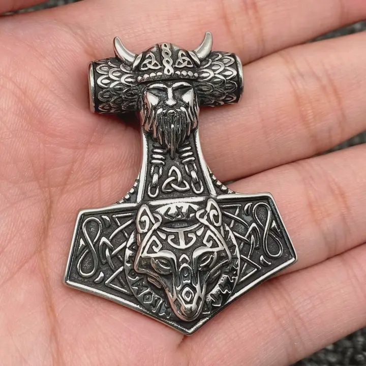 Viking  Warrior Wolfhead Hammer Necklace