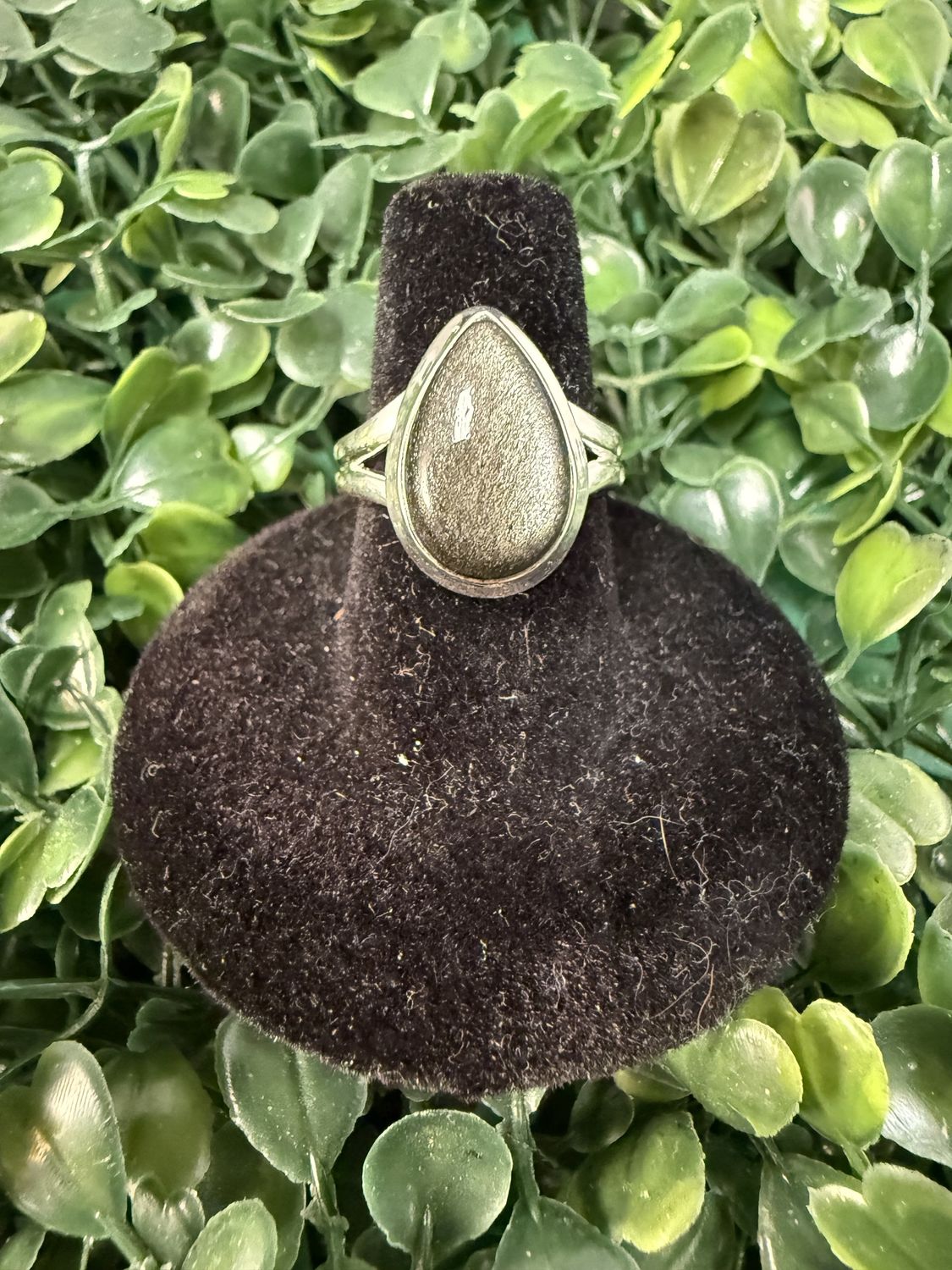 Silver Sheen Obsidian Drop Sterling Ring, Size: 7