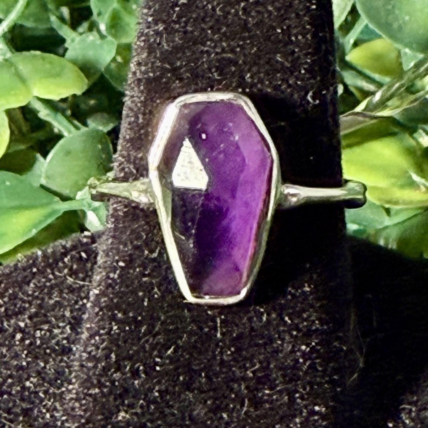 Amethyst Coffin Sterling Ring, Size: 4