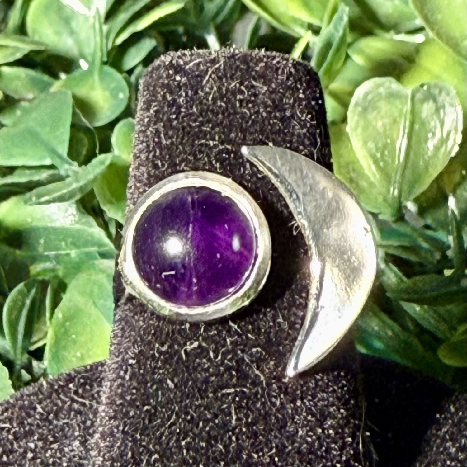 Amethyst Crescent Moon Sterling Ring, Size: 5