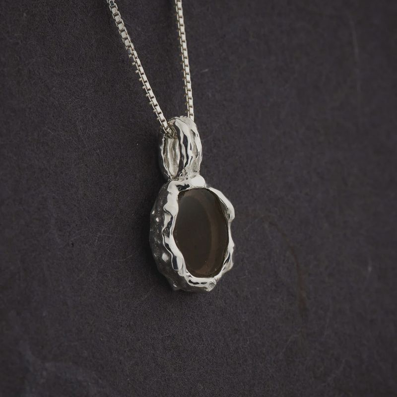 Smoky Quartz Hammered Oval Sterling Pendant