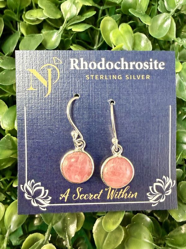 Rhodochrosite Round Sterling Dangle Earrings