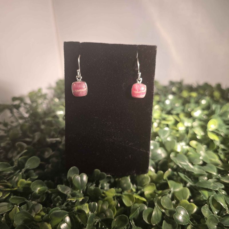 Rhodochrosite Sterling Square Dangle Earrings
