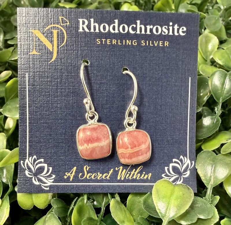 Rhodochrosite Sterling Square Dangle Earrings