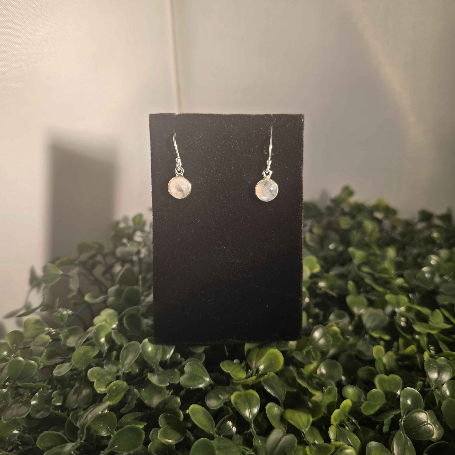 Blue Fire Moonstone Rainbow Round Dangle Earrings