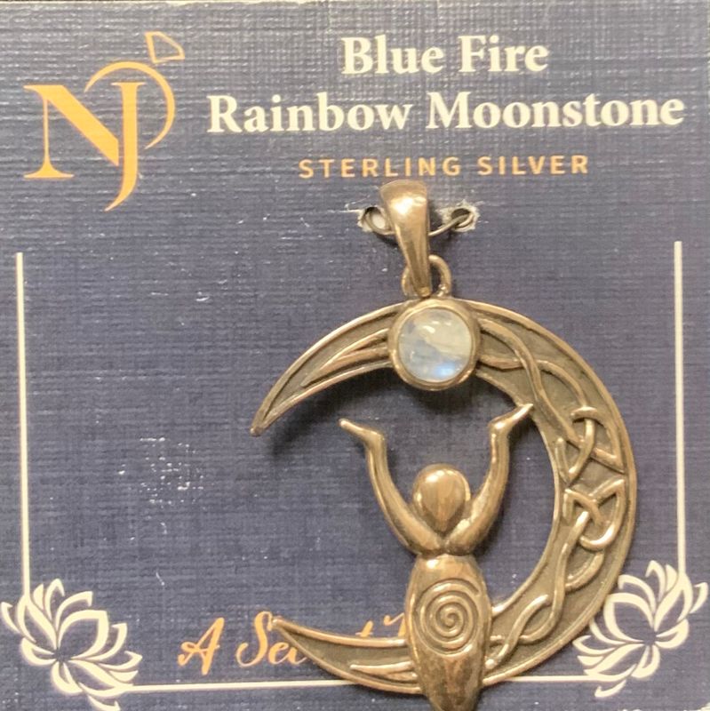 Blue Fire Rainbow Moonstone Crescent Moon Goddess Pendant  72