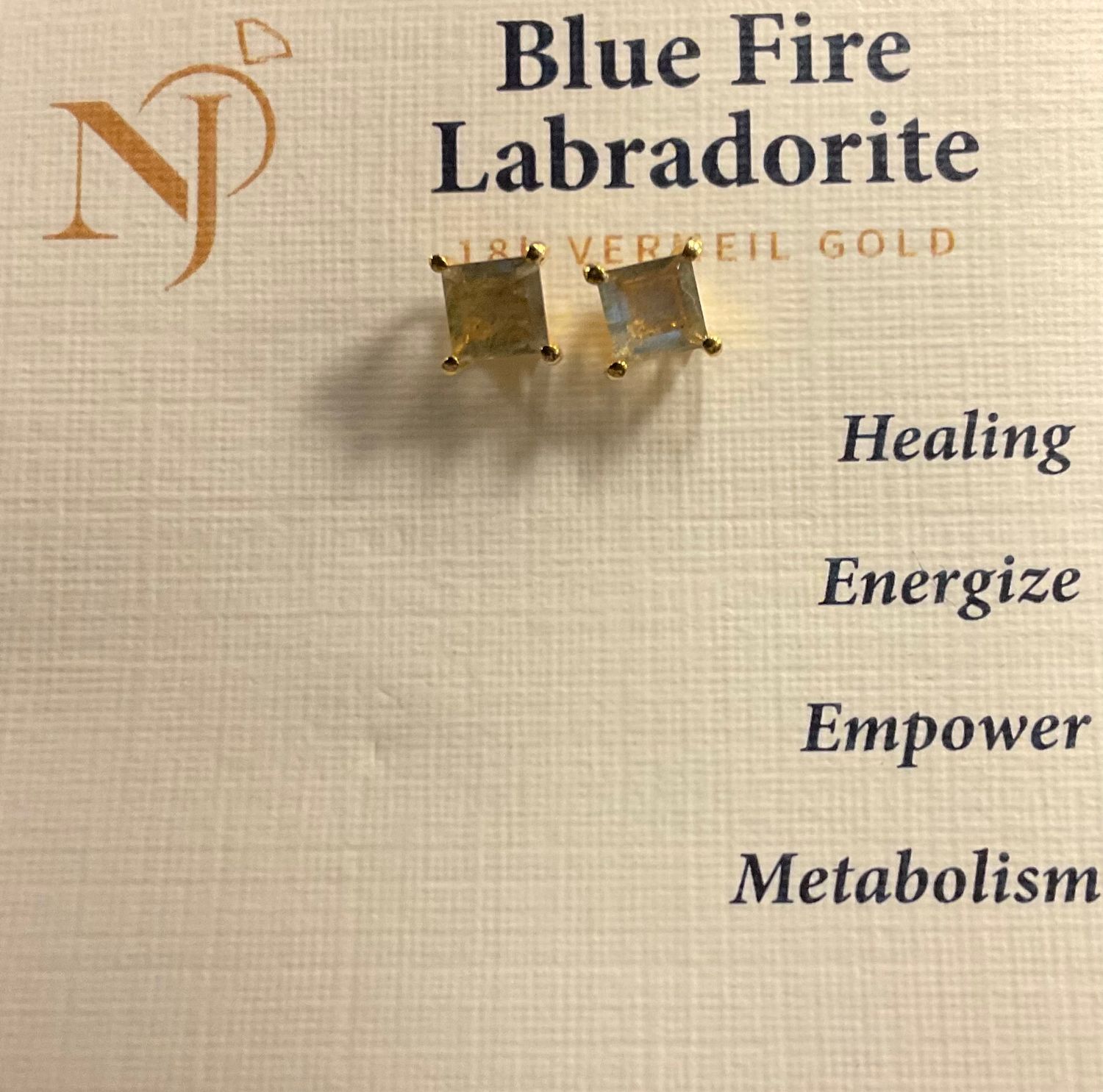 Blue Fire Labradorite Gold Stud Earrings