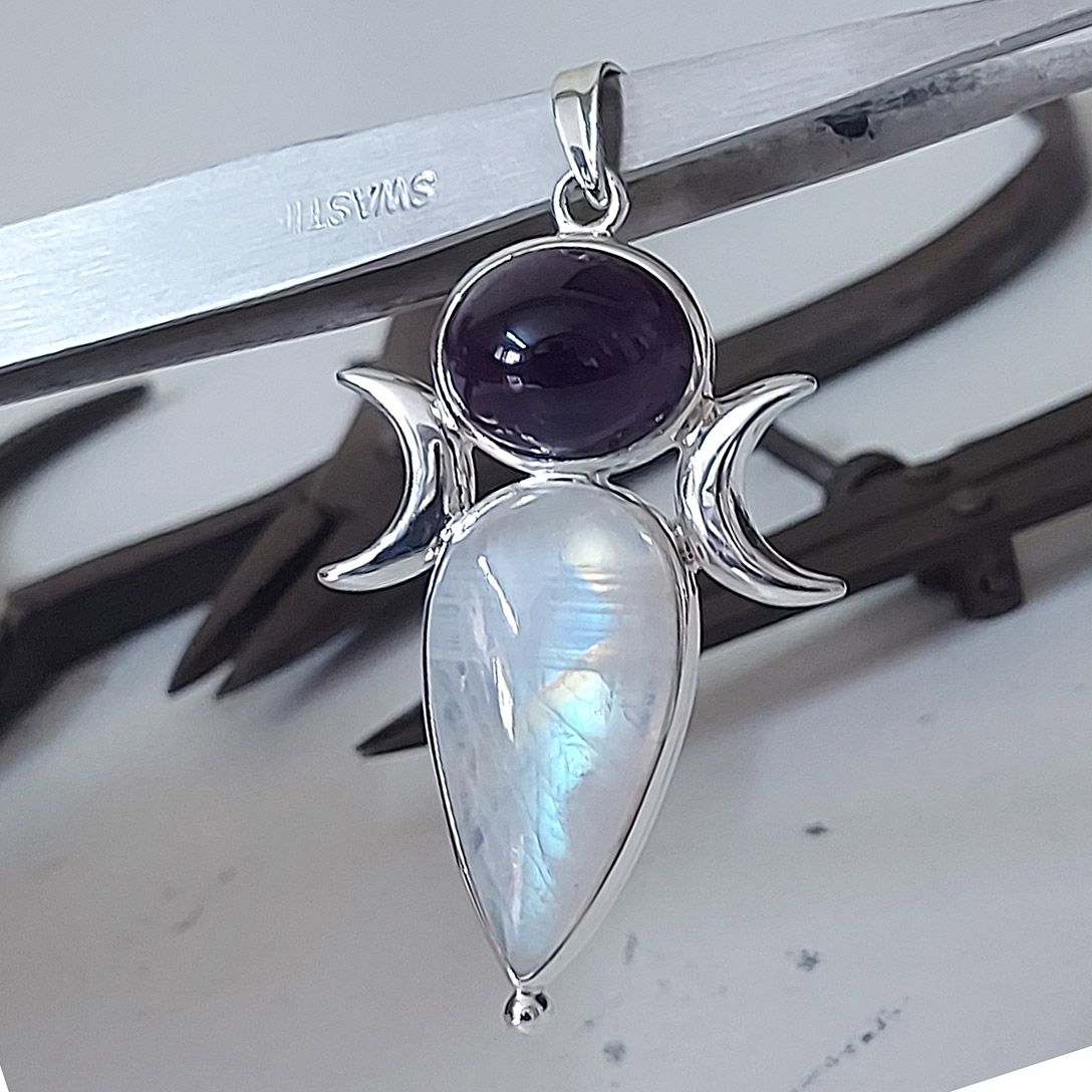 Rainbow Moonstone &amp; Amethyst Goddess Pendant