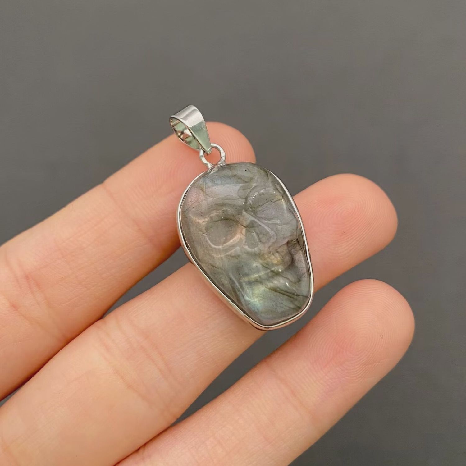 Stainless Labradorite Skull Pendant