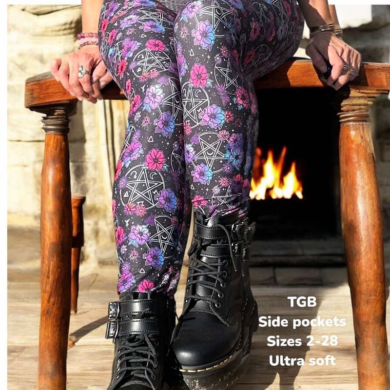 Witchy Pentagram floral leggings, retro print pocket pants