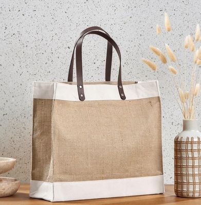 Jute Tote Bag - Leather Handles