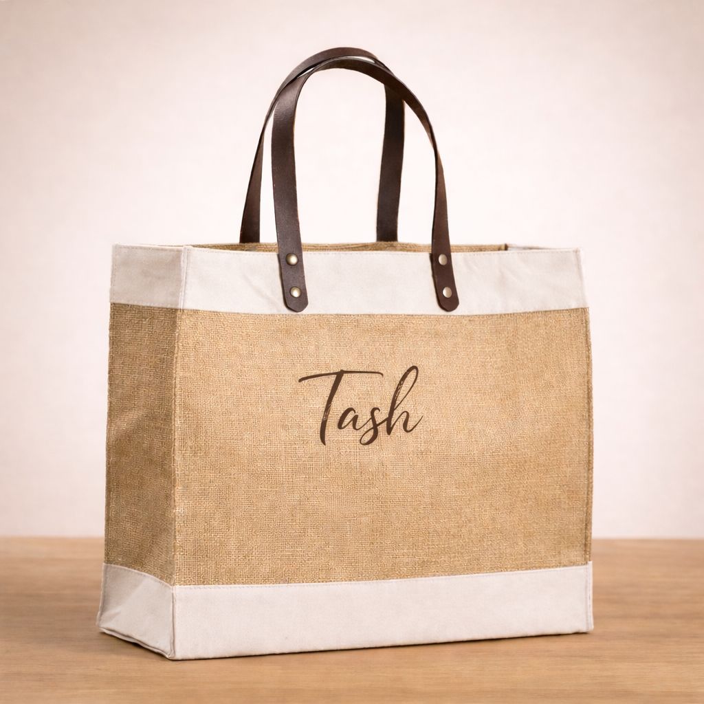 Jute Tote Bag - Leather Handles