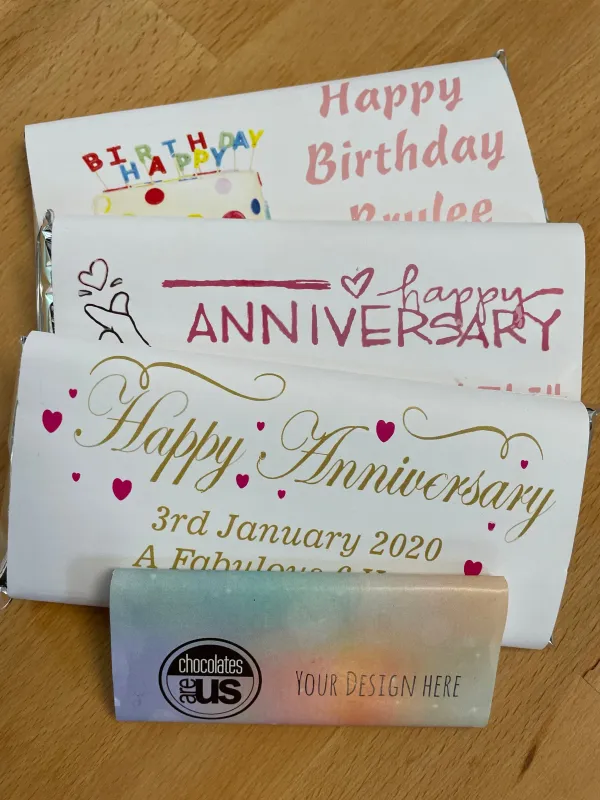 25 Chocolate Bars with Your Own Personal Design and Message on the Wrapper 25 Chocolate Bars with Your Own Personal Design and Message on the Wrapper