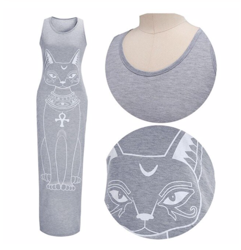 Egyptian Style Maxi Cat Dress, Colour: Grey, Size: Small