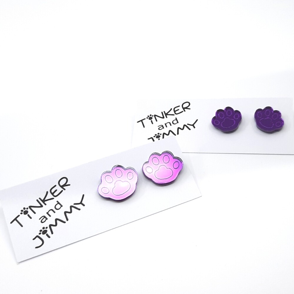 Tinker & Jimmy - Purple Mirror Paw Stud Earrings
