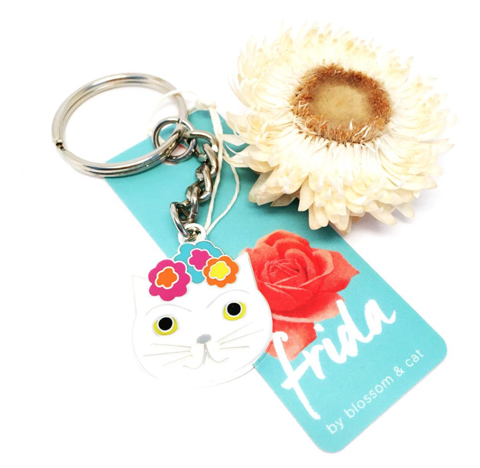 Frida cat Keyring by Blossom and Cat, Colour: White