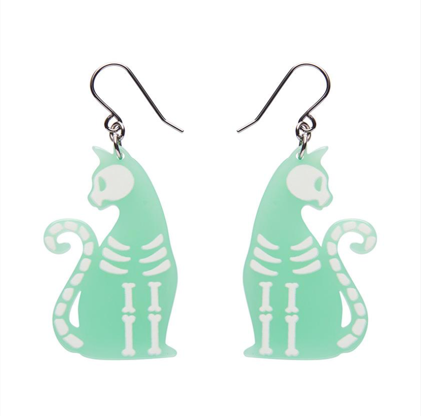 Bone Kitty Drop Earrings (glow in the dark) by Erstwilder